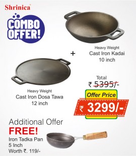 Cast iron double handle dosa tawa 12 inch + cast iron double handle kadai 10 inch + tadka 5 inch free