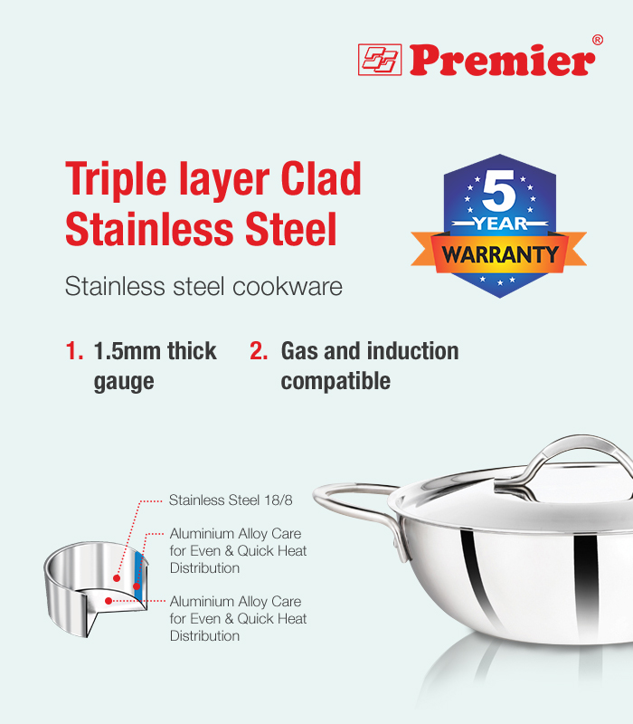 SS Premier 3-ply Clad Stainless Steel Kadai Tpk-24