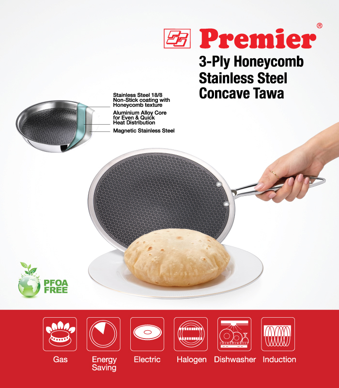 SS Premier Honeycomb Triply Stainless Steel Concave Rotti Tawa 28 Cm