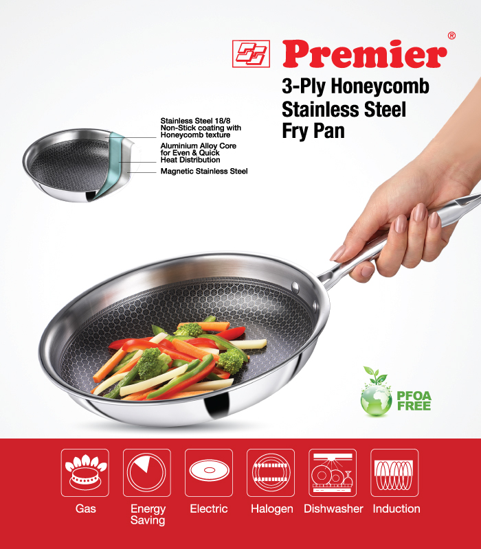 SS Premier Honeycomb Triply Stainless Steel Frypan 24 Cm