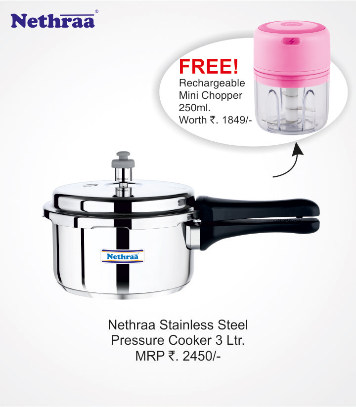 Nethraa Stainless Steel Pressure Cooker 3 Ltr +  Recharge Mini Chopper  250ml  Free