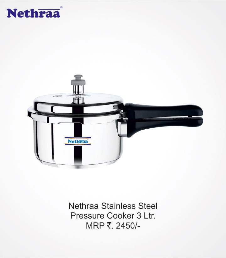 Nethraa Stainless Steel Pressure Cooker 3 Ltr +  Recharge Mini Chopper  250ml  Free