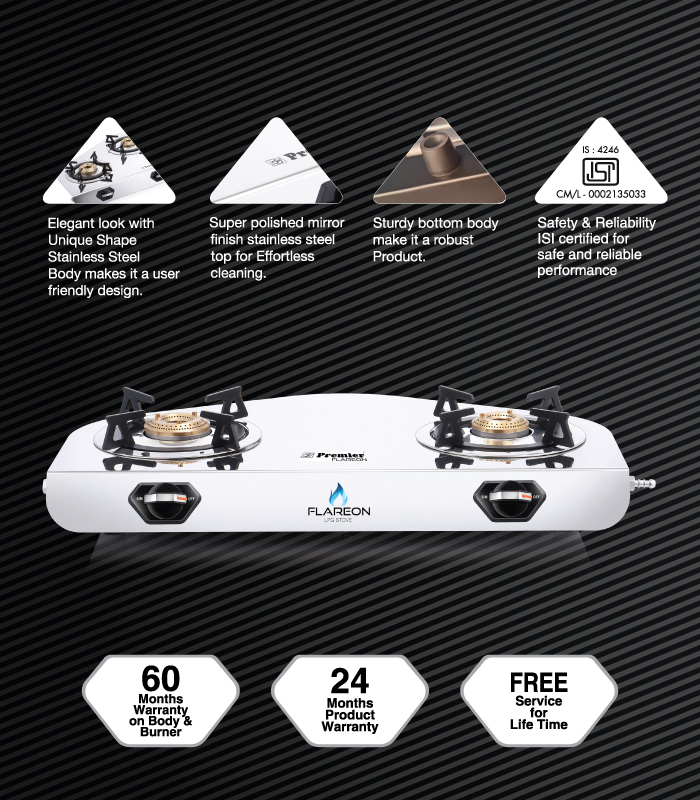 SS Premier Flareon Stainless Steel Lpg Gas Stove – 2 Burner, Super Mirror Finish, Sturdy & Elegant Design