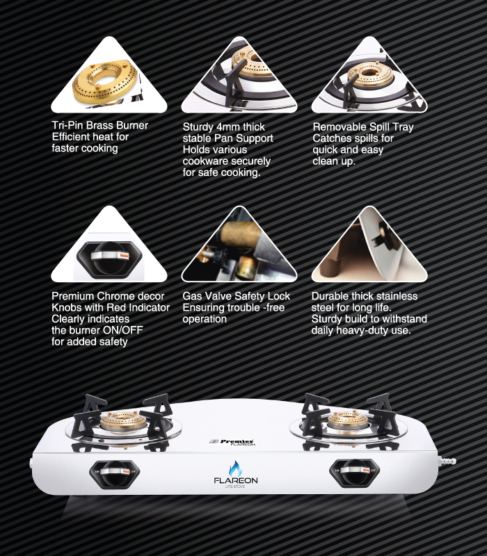 SS Premier Flareon Stainless Steel Lpg Gas Stove – 2 Burner, Super Mirror Finish, Sturdy & Elegant Design