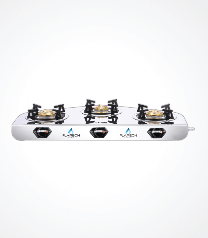 SS Premier Flareon Stainless Steel Lpg Gas Stove – 3 Burner, Super Mirror Finish, Sturdy & Elegant Design