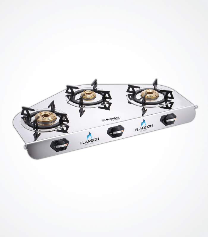 SS Premier Flareon Stainless Steel Lpg Gas Stove – 3 Burner, Super Mirror Finish, Sturdy & Elegant Design