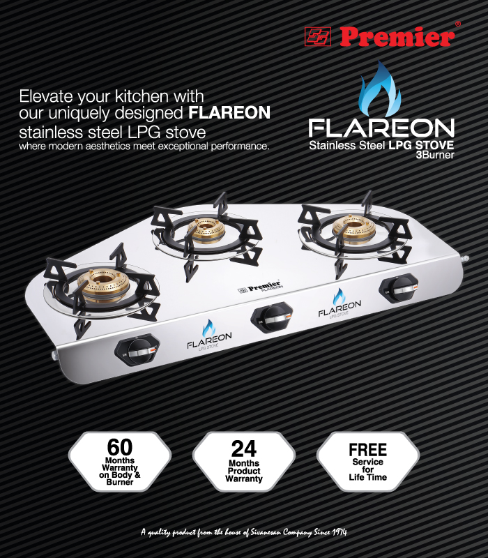 SS Premier Flareon Stainless Steel Lpg Gas Stove – 3 Burner, Super Mirror Finish, Sturdy & Elegant Design