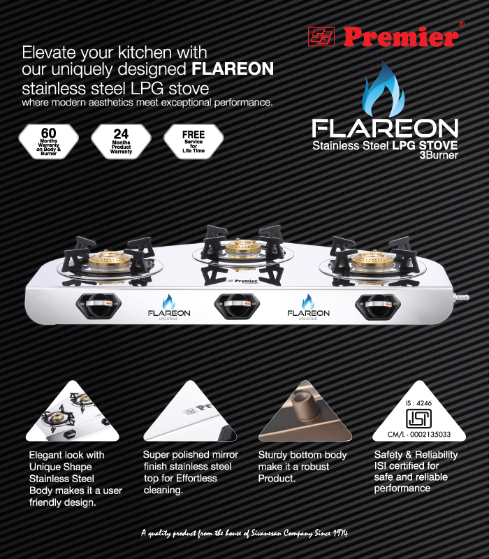 SS Premier Flareon Stainless Steel Lpg Gas Stove – 3 Burner, Super Mirror Finish, Sturdy & Elegant Design