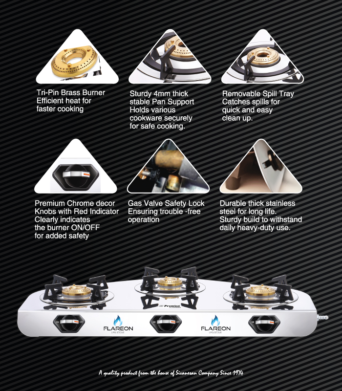 SS Premier Flareon Stainless Steel Lpg Gas Stove – 3 Burner, Super Mirror Finish, Sturdy & Elegant Design