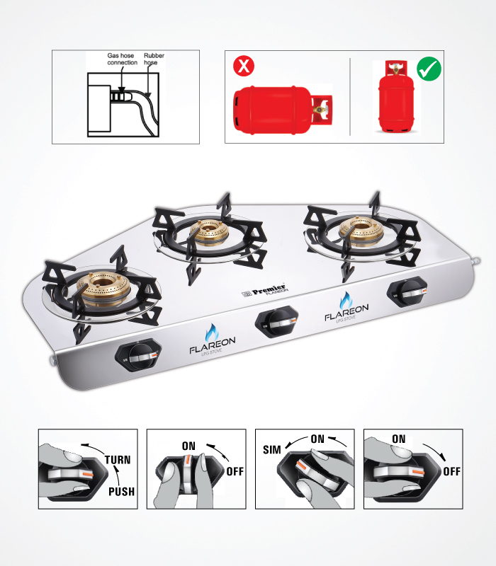 SS Premier Flareon Stainless Steel Lpg Gas Stove – 3 Burner, Super Mirror Finish, Sturdy & Elegant Design