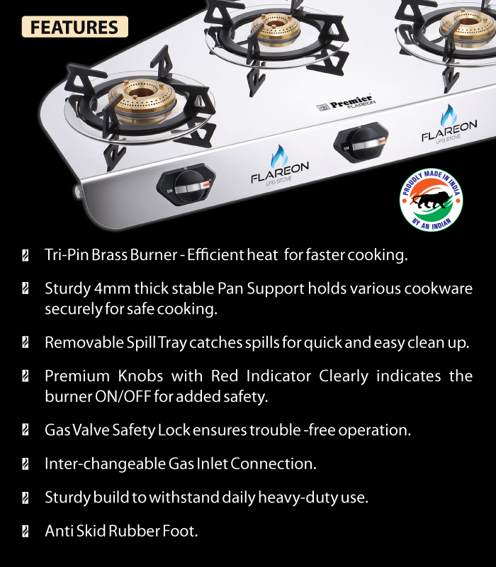 SS Premier Flareon Stainless Steel Lpg Gas Stove – 3 Burner, Super Mirror Finish, Sturdy & Elegant Design
